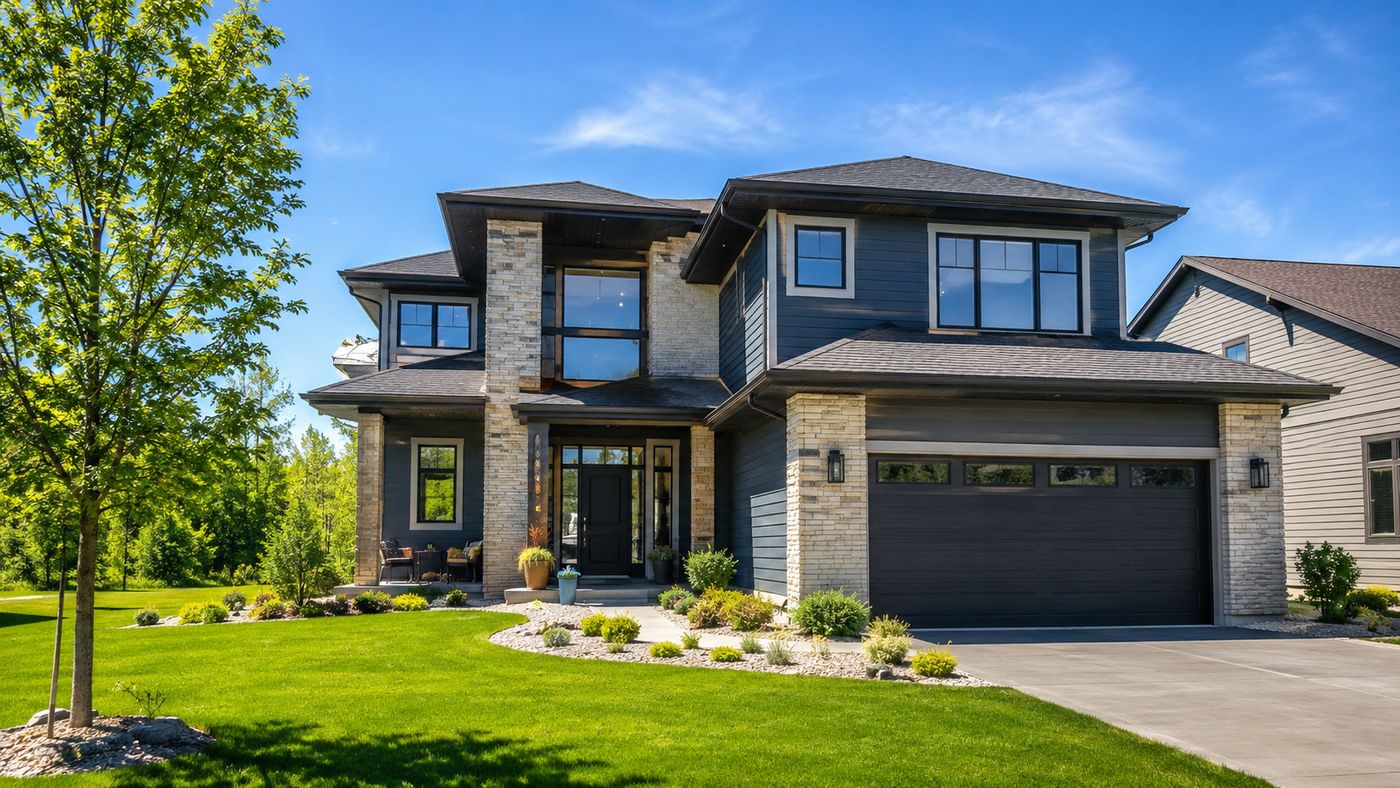 A two-story home with navy lap siding and stone columns on a clear summer day, typical of the properties inspected around Conway